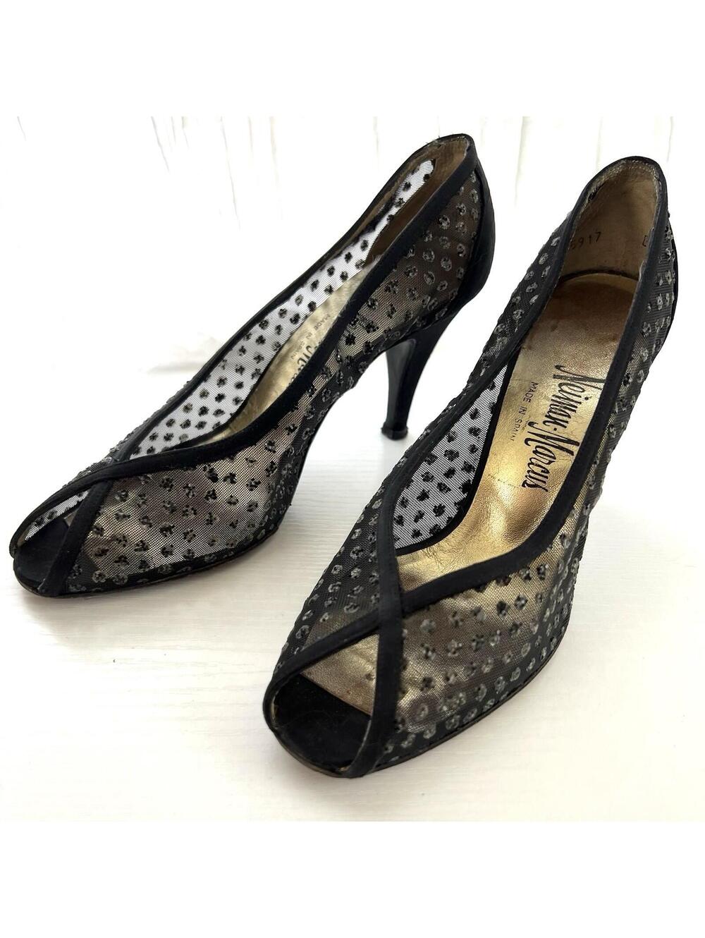 Vintage Neiman Marcus Heels 6.5 B Black Mesh Polka Dot Peep Toe Pumps Spain MCM